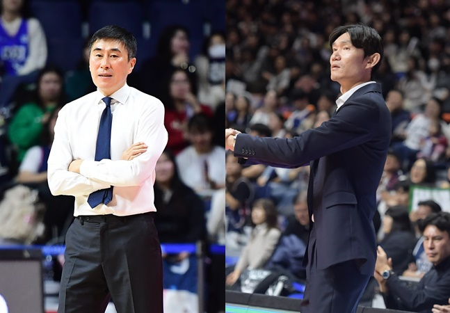 KCC manager Lee Sang-min (left) and DB manager Kim Joo-sung. /Photo = Courtesy of KBL 