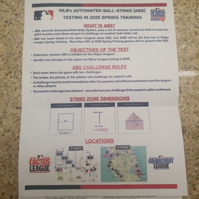 图为,向参加2025赛季春季集训的当地记者传达的美国职业棒球大联盟ABS说明资料。 =照片=金东润。