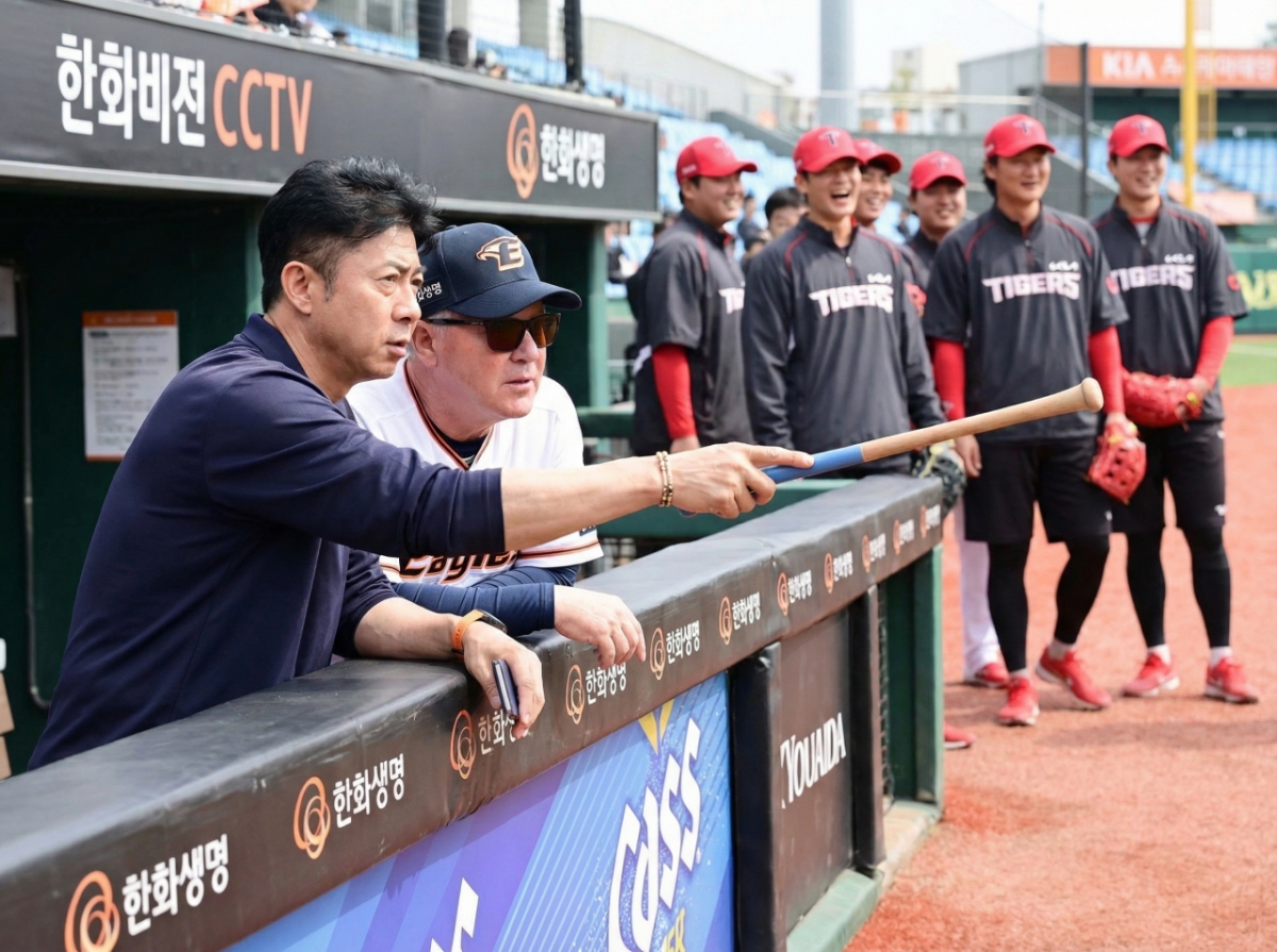 Hanwha Eagles general manager Son Hyuk (left) and manager Kim Kyung-moon (second from left). /Photo = Composite using AI (photo provided by Hanwha Eagles and KIA Tigers)