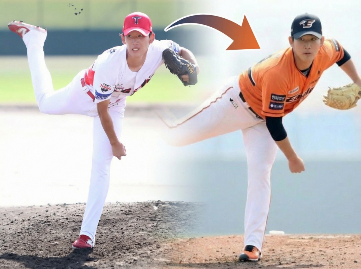On the left is Yang Soo-ho pitching in 2025 belonging to the KIA Tigers. The right side shows Yang Soo-ho wearing a Hanwha Eagles uniform synthesized using artificial intelligence (AI). /Photo = KIA Tigers, courtesy of Hanwha Eagles, synthesized using image artificial intelligence (AI)