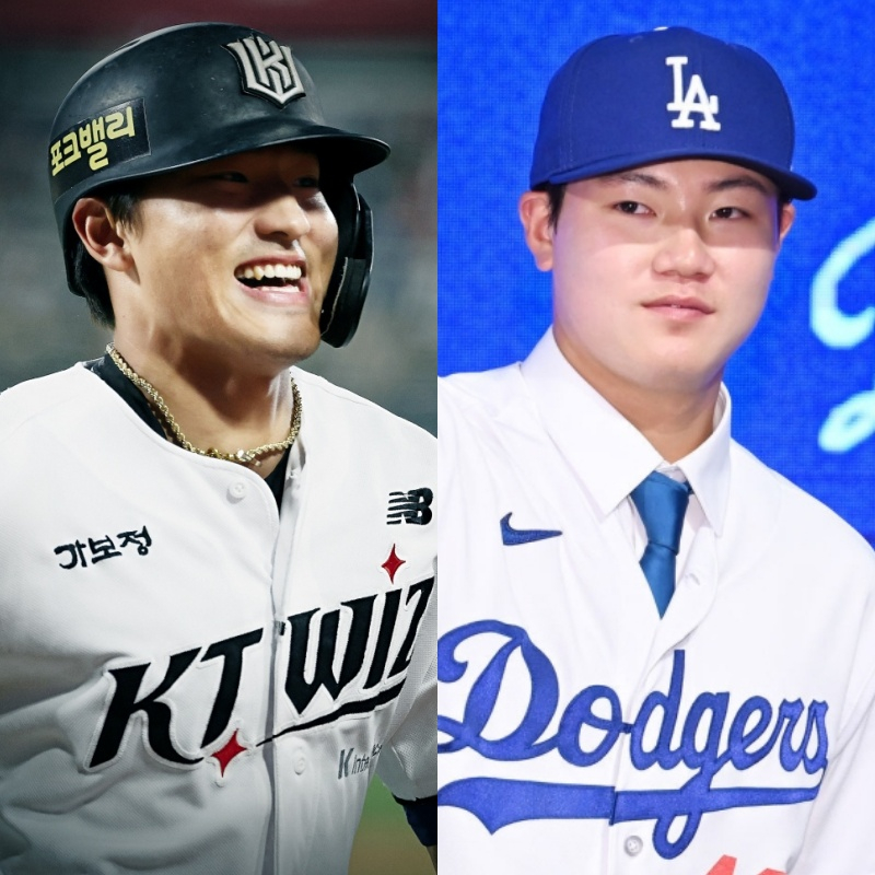KT Ahn Hyun-min (left) from Masan High School and LA Dodgers Jang Hyun-seok from Masan Yongma High School. /Photo = KT Wiz, provided by OSEN