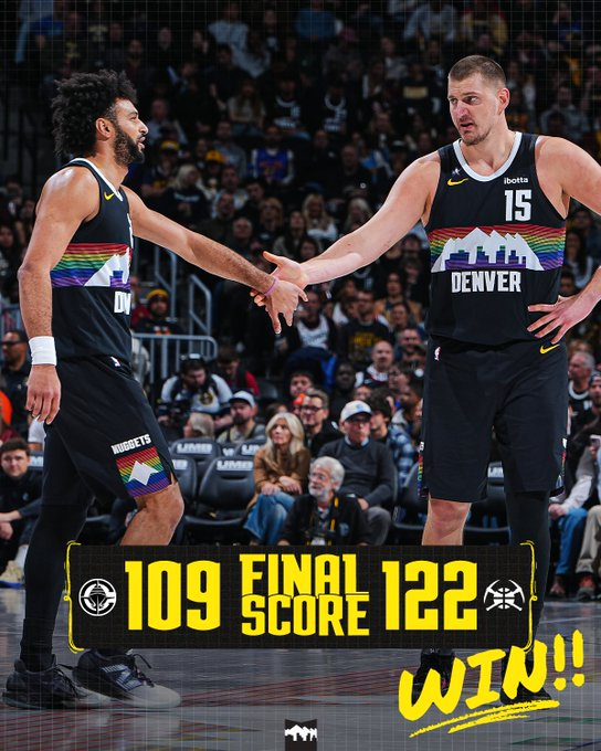 图为，进行伤病复出战的尼古拉•约基奇（右）。 这是掘金队与洛杉矶快船队的比赛结果。 =丹佛掘金公司官方社交网络服务(SNS)