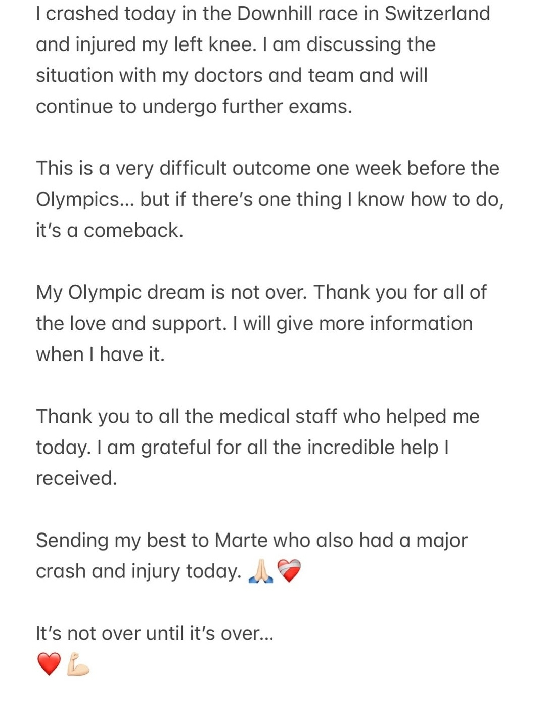 Lindsey Vonn issued a statement after his injury. /Photo = Lindsey Bonn Personal Social Network Service (SNS) Goodbye