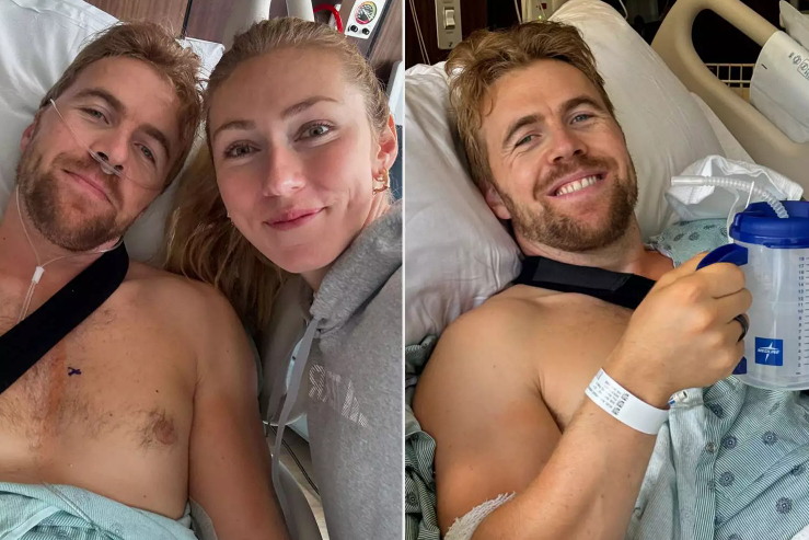 Alexander Kilde (trái) và Michaela Cyprin đến thăm bệnh sau khi phẫu thuật vai. /Ảnh = Dịch vụ mạng xã hội cá nhân Alexander Kilde (SNS)