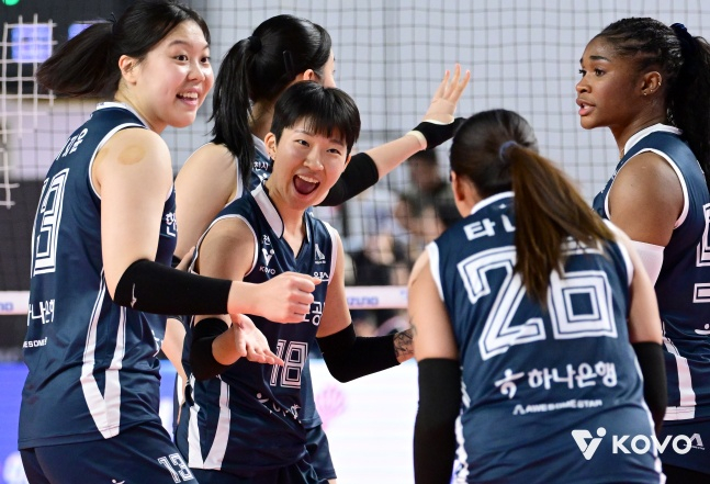Kim Se-in (3rd from left) of Korea Expressway Corporation is happy after scoring. /Photo = Courtesy of the Korea Volleyball Federation