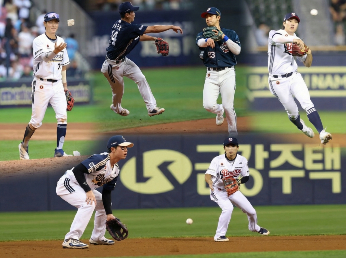 (Сверху слева направо по часовой стрелке) Пак Джи Хун, Пак Ге Бом, Кан Сын Хо, Пак Джун Сун, Ли Ю Чан, Сок Чжин. /Фото = Изображение предоставлено Doosan Bears, синтезировано с помощью 1 страницы искусственного интеллекта (ИИ)