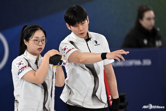 Kim Sun-young (left) and Jung Young-seok of the Korean curling mix double team. /AFPBBNews=News1