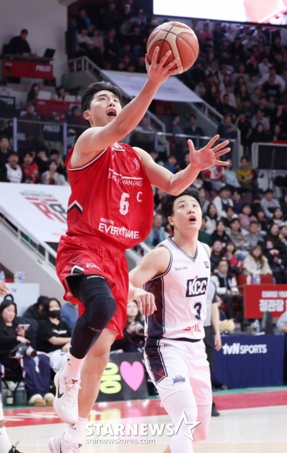 Park Ji-hoon (left) is attempting a layup shot to avoid Heo Woong. /Photo = Kim Jin-kyung on standby