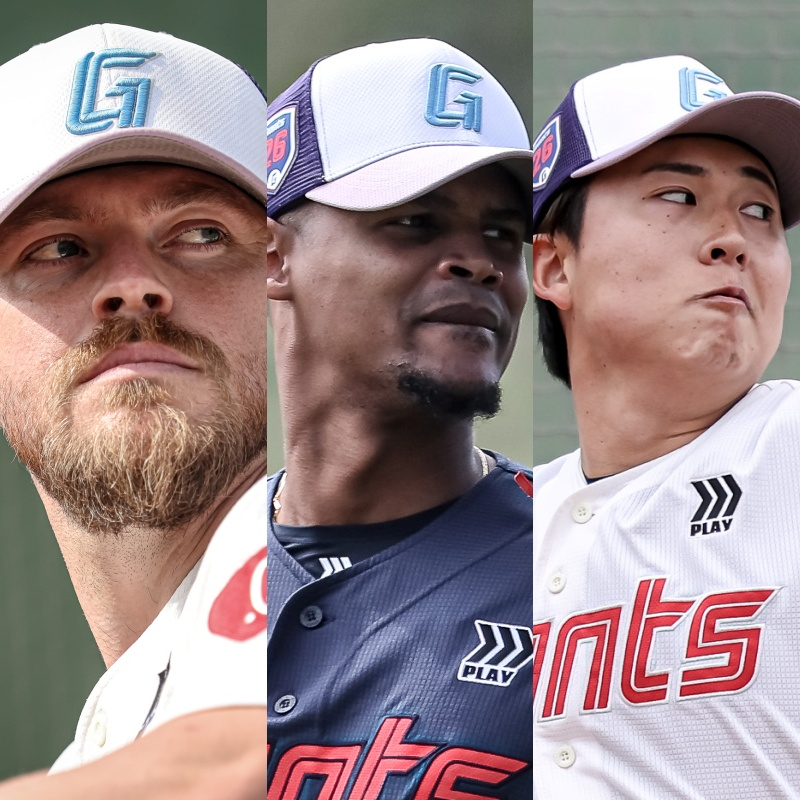 Слева направо: Джереми Бизли, Элвин Родригес и Масая Киёяма. /Фото = Предоставлено Lotte Giants