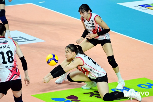 Jeong Kwan-jang Park Yeoreum (center) is receiving the opponent's serve. /Photo = Courtesy of the Korea Volleyball Federation