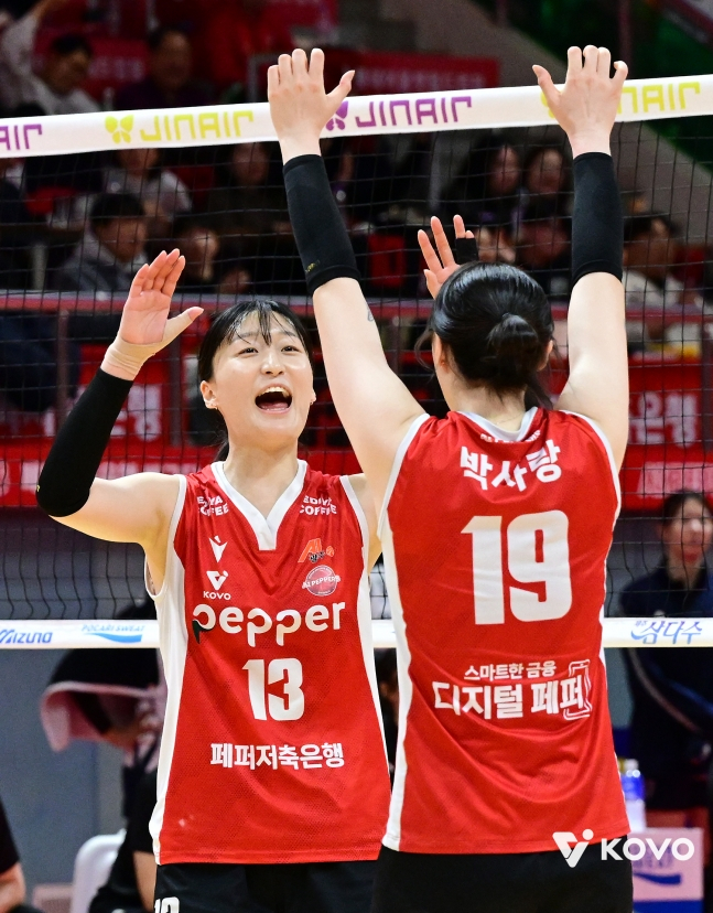 Park Eun-seo (left) is making a high five with his doctor after scoring. /Photo = Courtesy of KOVO