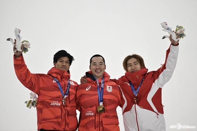 スノーボードのビッグエアメダルを総なめしたアジア圏の選手たち。 左から木俣良馬（銀メダル）、木村吉良（金メダル）、水明（銅メダル）。 