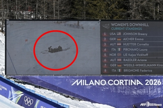 An electronic display showing Lindsey Vonn collapsed during the game. /AFPBBNews=News1