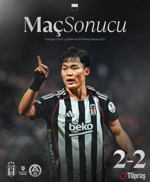 Besiktashi striker Oh Hyun-kyu is celebrating after scoring an equalizer in the 21st round of the "2025-2026 Turkiye Super Liga" against Alanyaspor at Besiktashi Park in Turkiye on the 9th (Korea time). /Photo = Besiktashi's official SNS farewell