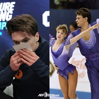 Maxim Naumov (trái) hôn bố mẹ. Vadim Naumov và Yevgenia Sisikova (phải) từng là vận động viên trượt băng nghệ thuật. /AFPBBNews = Tin tức 1 