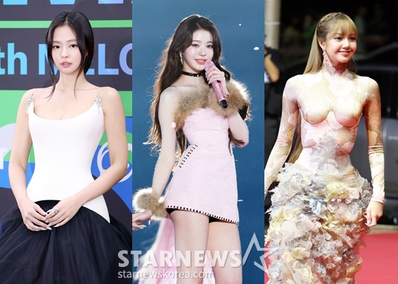 =BLACKPINK成员珍妮、IVE成员张元英、BLACKPINK成员丽莎（左起）。