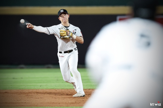 Cầu thủ chặn ngắn Lee Kang Min của KT đang ném bóng. /Ảnh = Cung cấp KT Wiz