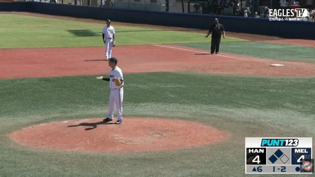 Huh Min, cầu thủ ném bóng của Melbourne Acis thu hút sự chú ý về tỷ số bóng. Ảnh = Cap màn hình phát sóng Eagles TV