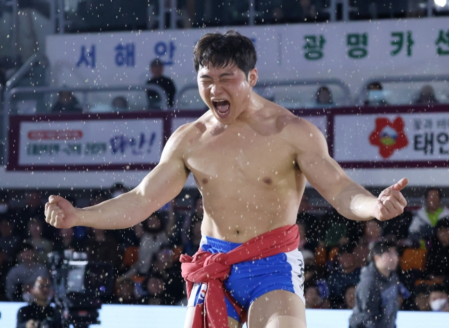 Kim Ki Soo đang gầm lên sau khi chiếm được thị trường Geumgang. /Ảnh = Hiệp hội đấu vật Hàn Quốc cung cấp