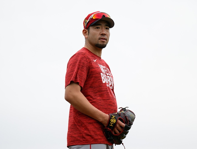 菊池千叶队已经与所属球队春训队汇合，正在锻炼身体。 =照片:洛杉矶天使队官方SNS