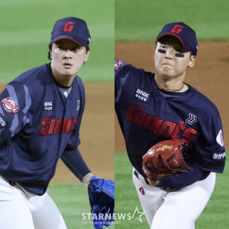 乐天队的金元锺(左)和崔俊勇。 =照片=金镇京。