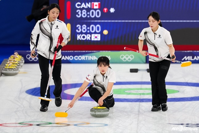 12月19日晚10点（韩国时间），在意大利科尔蒂纳丹佩佐的科尔蒂纳冰壶奥林匹克体育场举行的2026米兰·科尔蒂纳丹佩佐冬奥会女子冰壶循环赛第9轮比赛中，薛艺恩（中）正在投球。 