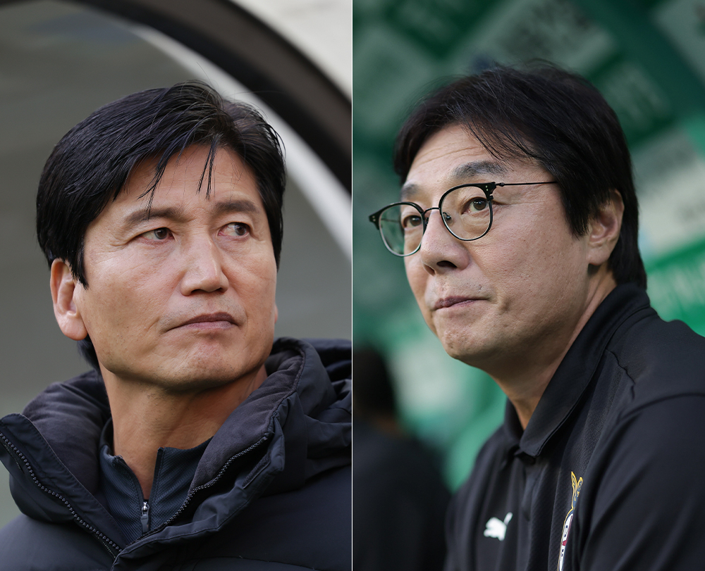 全北现代队主教练郑正龙（左）和大田Hana Citizen队主教练黄善洪。 =图为，韩国职业足球联盟提供。