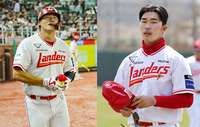虽然加入了第1次训练营名单，但是没能进入第2次训练营的外野手柳孝胜（左）和新加入的李胜民。 =照片=SSG兰德斯提供。