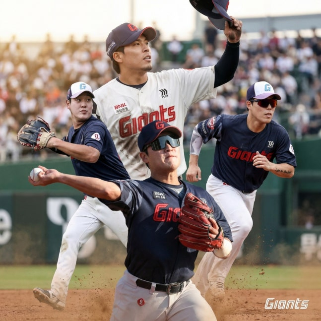 (clockwise from top) Lotte Giants Kim Dong-hyuk, Ko Seung-min, Kim Se-min, and Na Seung-yeop. /Photo = Courtesy of Lotte Giants (synthetic using artificial intelligence AI)