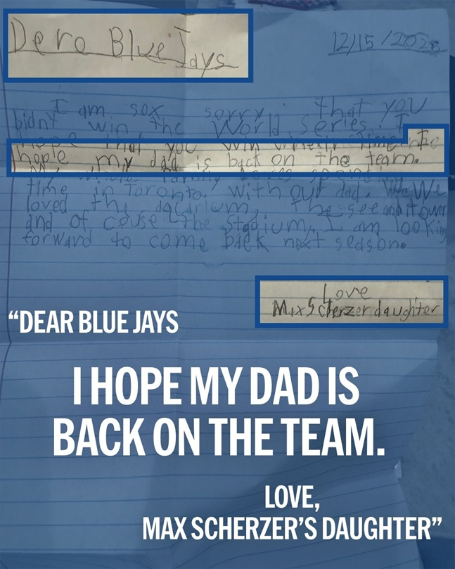 Letter from the Scherzer daughter to the Toronto club. /Photo = Major League official SNS