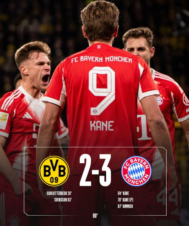 Munich came from behind to win 3-2 with Harry Kane's multi-goal and Jozua Kimihi's winning goal in the 24th round of the "2025-2026 German Bundesliga" against Dortmund at Zignal Iduna Park in Dortmund, Germany on the 1st (Korea time). /Photo = Bayern Munich official SNS Source