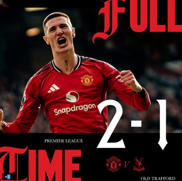 1日(韩国时间),曼联前锋本雅明•塞什科在英国曼彻斯特老特拉福德球场举行的与水晶宫队的"2025~2026赛季英格兰足球超级联赛(EPL)"第28轮比赛中攻入逆转进球,正在咆哮。 =照片=曼联官方SNS收尾。