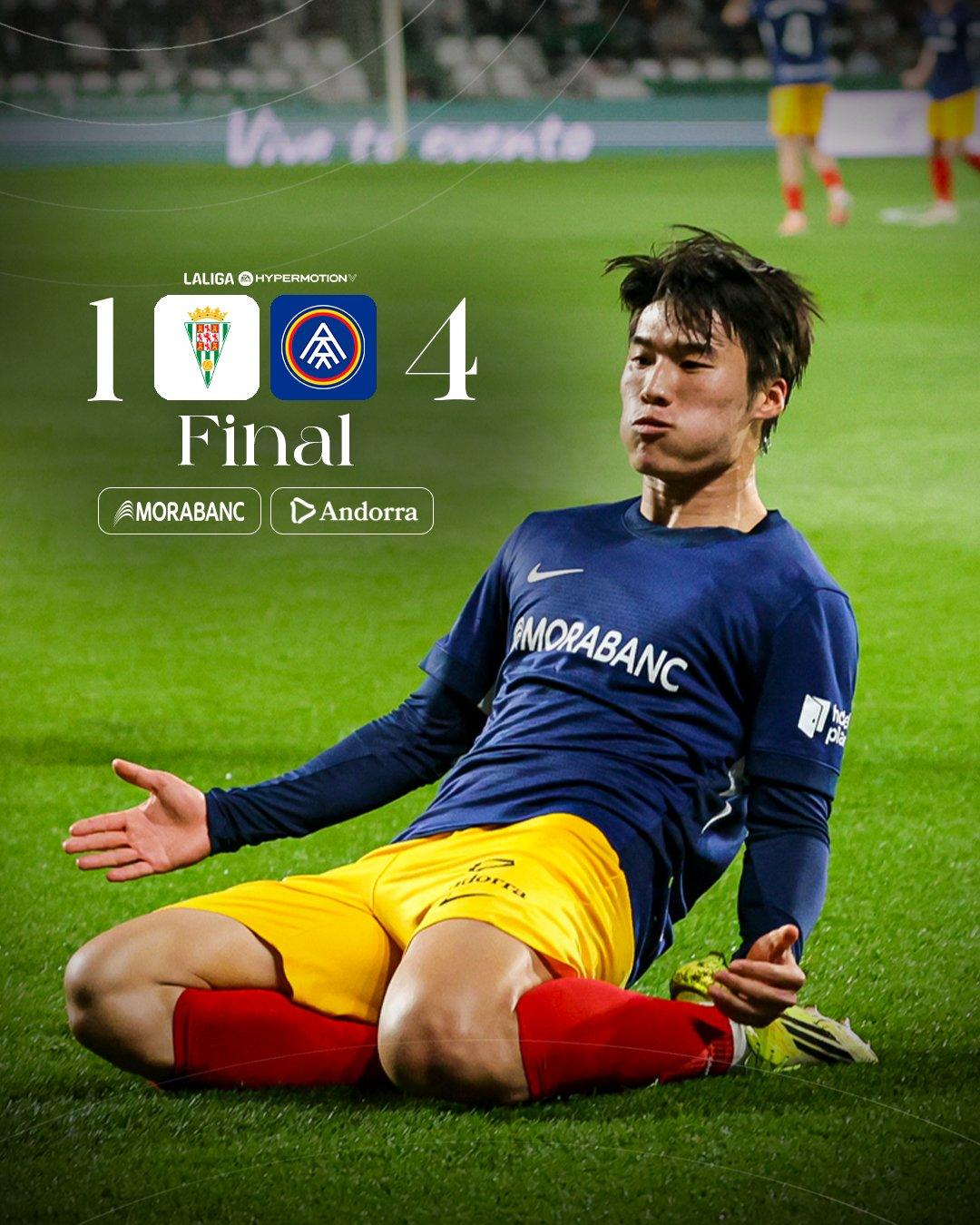 Andora Kim Min Soo của FC Andorra đang ăn mừng bàn thắng sau khi ghi bàn trong trận đấu với Cordoba ở vòng 28 của giải bóng đá chuyên nghiệp Tây Ban Nha La Liga 2 (phần 2) được tổ chức tại Estadio Nuevo Arcanhel ở Cordoba, Tây Ban Nha vào ngày 3 (giờ Hàn Quốc). Andorra đã giành chiến thắng 4-1 trước Cordoba. Ảnh = Cap màn hình SNS của FC Andora