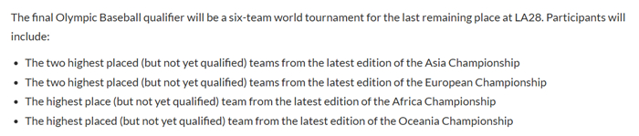 Rules for qualifying for the Los Angeles Olympics. /Photo = Capture the WBSC homepage