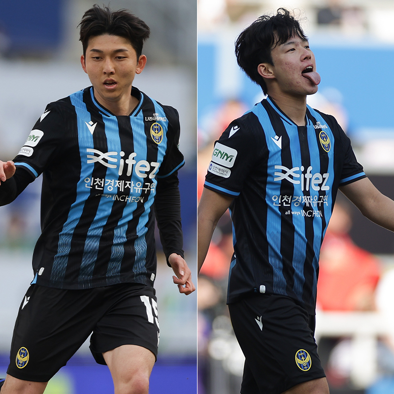 Seo Jae-min (left) and Park Seung-ho of Incheon United. /Photo = Courtesy of the Korea Professional Football League