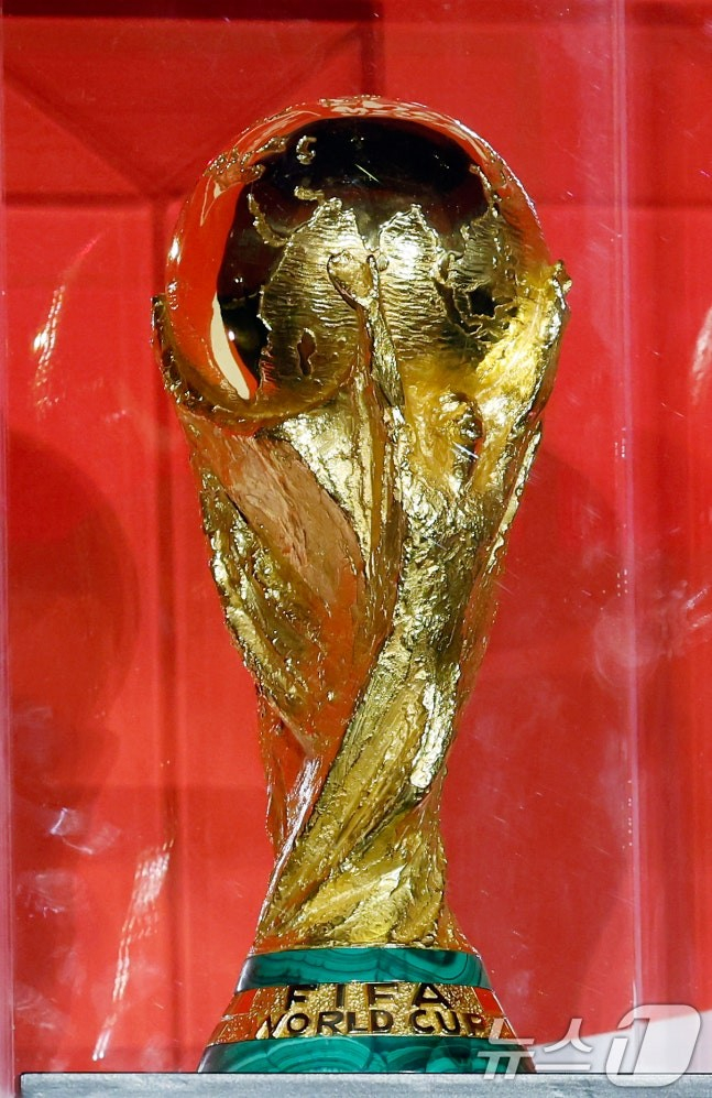 1月16日、CGV龍山アイパークモールスクリーンX館で開かれたFIFAワールドカップトロフィーツアーメディア懇談会で公開されたFIFAワールドカップ優勝トロフィー。 /写真=ニュース1