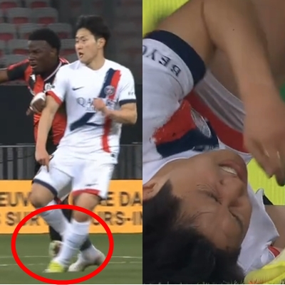 相手タックルにアキレス腱を踏まれる李カンイン（赤丸の中）。 とうとう苦しんでグラウンドに倒れた李カンイン（右）。 /写真=中継画面のまとめ