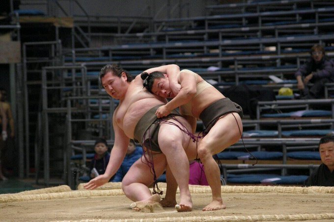 62.5公斤的乌鲁托拉（右）击倒160公斤的健将武田。 =相扑、京海、葛默里。