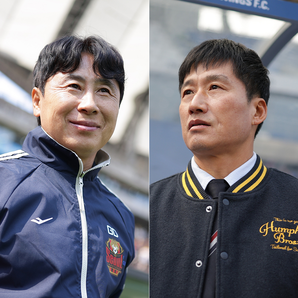 图为FC首尔队主教练金基东（左）和水原三星队主教练李正孝。 =图为，韩国职业足球联盟提供。