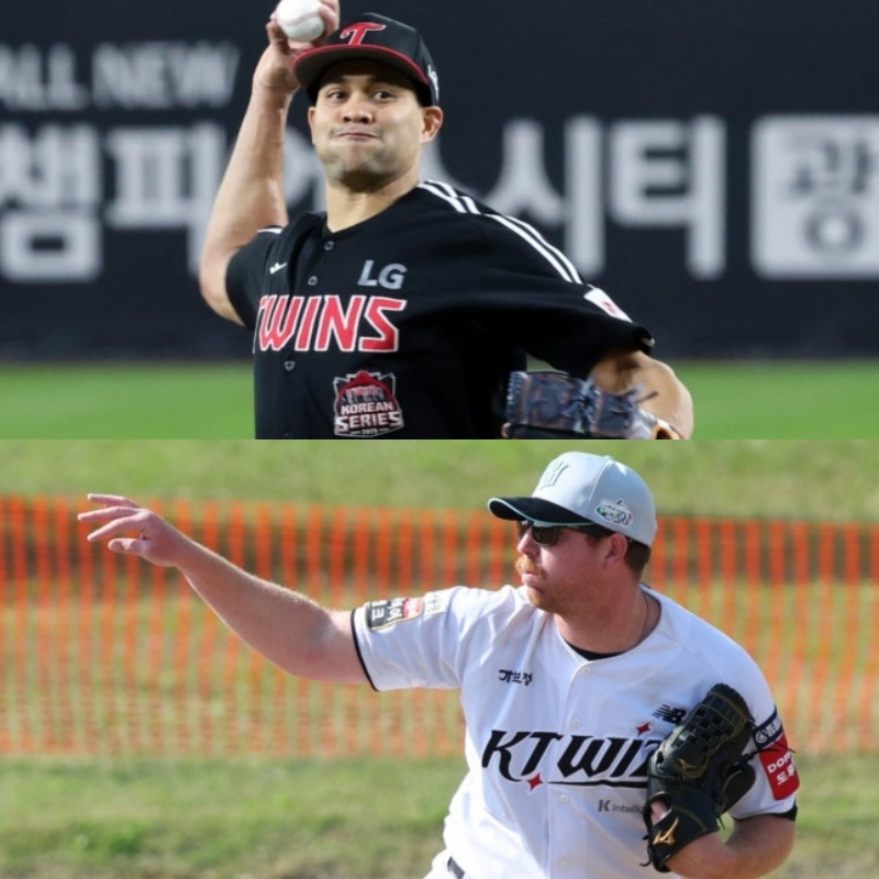 LGのヨニ·チリノス(上)とKTのマット·サウアー。 /写真=スターニュース