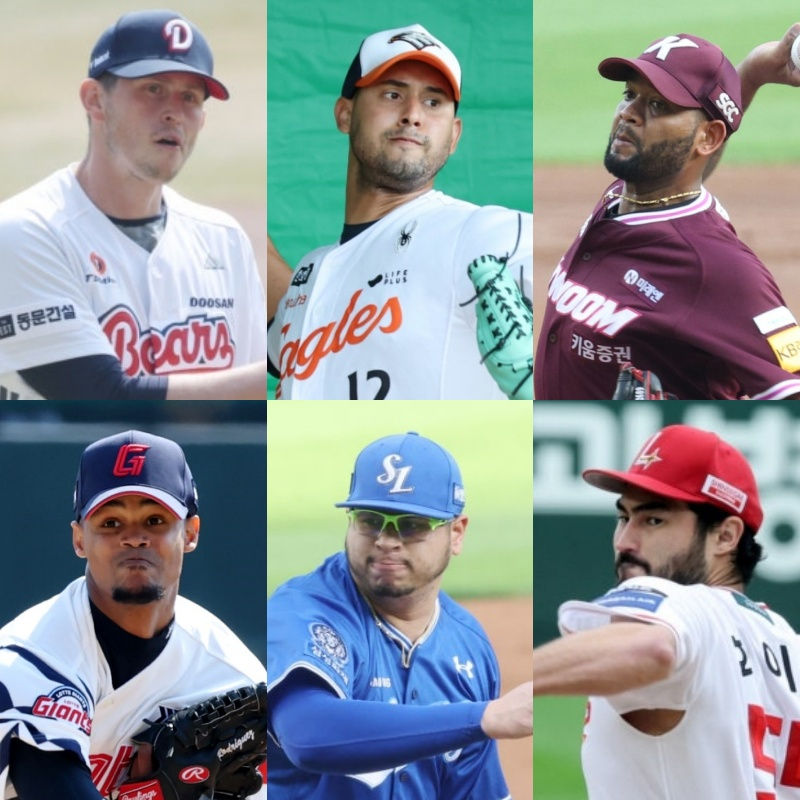 左上から時計回りに斗山フレクセン、ハンファのウィルケル·ヘルナンデス、キウムのアルカンタラ、ロッテのエルビン·ヘルナンデス、サムスンのフラド、SSGホワイト。 /写真=スターニュース