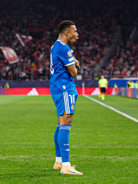 Kylian Mbappe celebrates after scoring in the fifth round of the Champions League phase of the 2025-2026 season at Piraeus Karaikis Stadium in Greece. /Photo =Real Madrid Official Social Network Service (SNS)