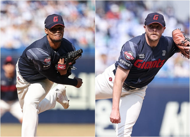 ロドリゲス（左）とビスリー。 /写真=ロッテジャイアンツ
