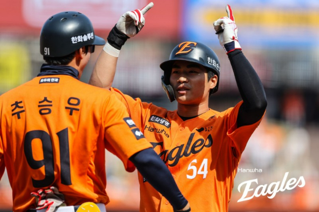 オ·ジェウォン（右）が2回裏、決勝打を放ってセレモニーをしている。 /写真=ハンファ·イーグルス提供