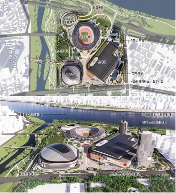 План расположения (вверху) и вид на пейзаж для проекта по созданию спортивного и MICE комплекса Джамсиль. /Фото = Город Сеул 