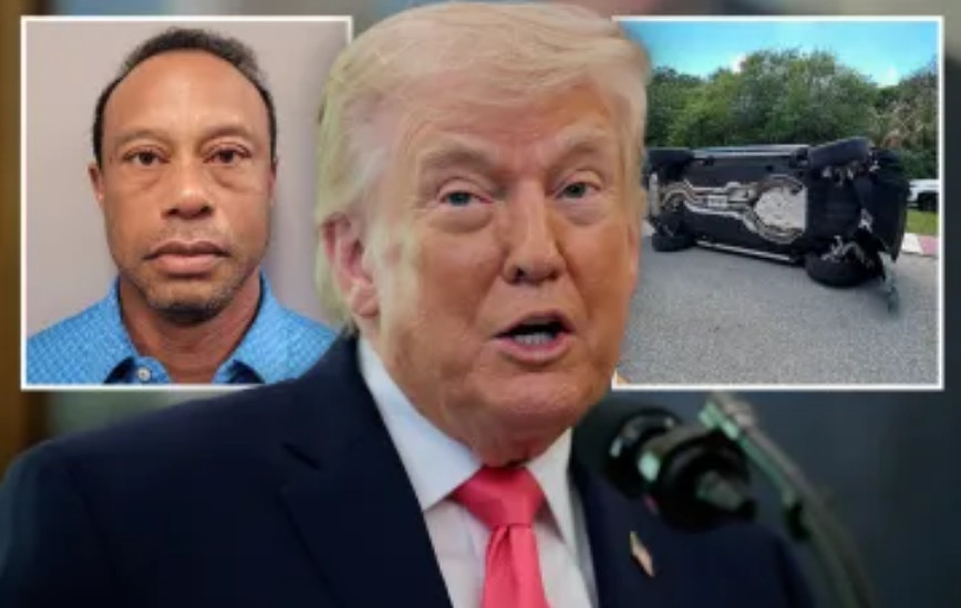 Tổng thống Mỹ Donald Trump (giữa) và Tiger Woods. /Ảnh = The Sun Galmuri