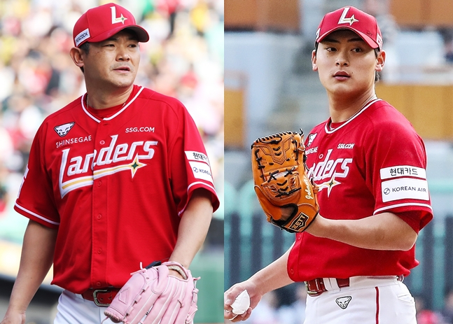 SSG Landers队必胜组卢景恩（左）和赵炳铉。 =照片=SSG兰德斯提供。