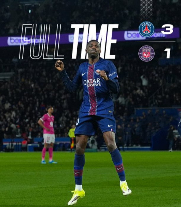 乌斯曼·登贝莱庆祝进球。 =照片=PSG官方SNS收尾。