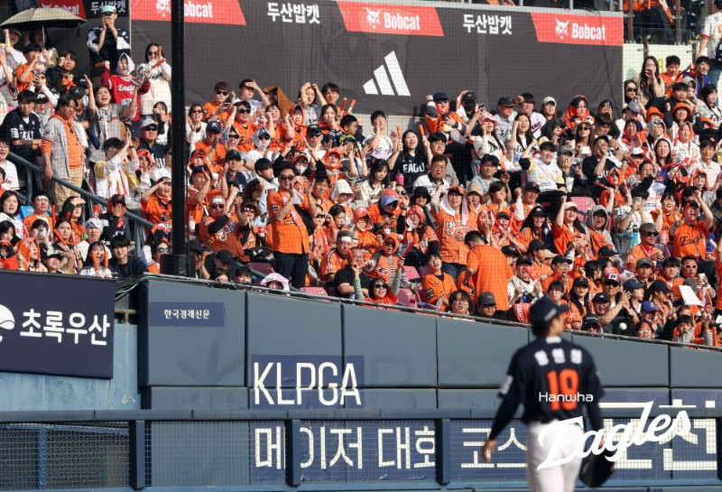 图为，韩华队首发投手王彦成4日在蚕室与斗山队的比赛中投球后下场，韩华队的球迷们正在为他加油助威。 =韩华鹰队。