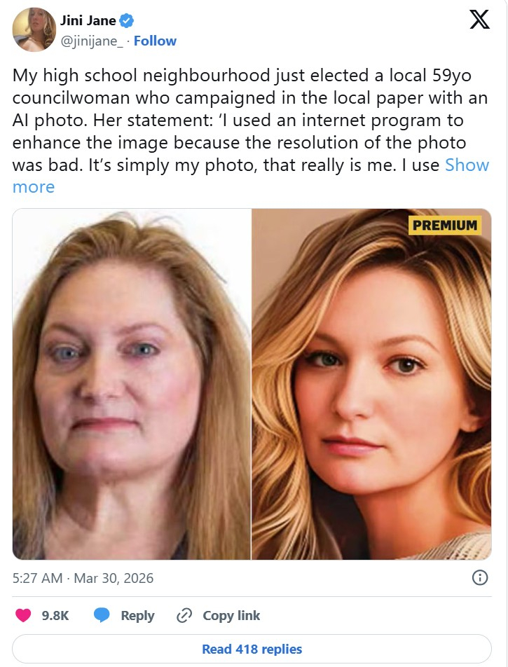59岁女性政治家的AI修正照片在X上成为了话题。 照片X@jinijane_